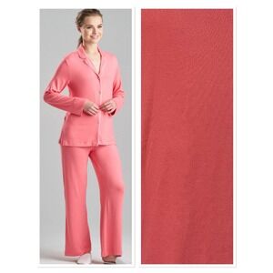 Natori 24/7 Notch Pajama Set Pink Button Longsleeve Shirt Wide Leg Pant Cozy L